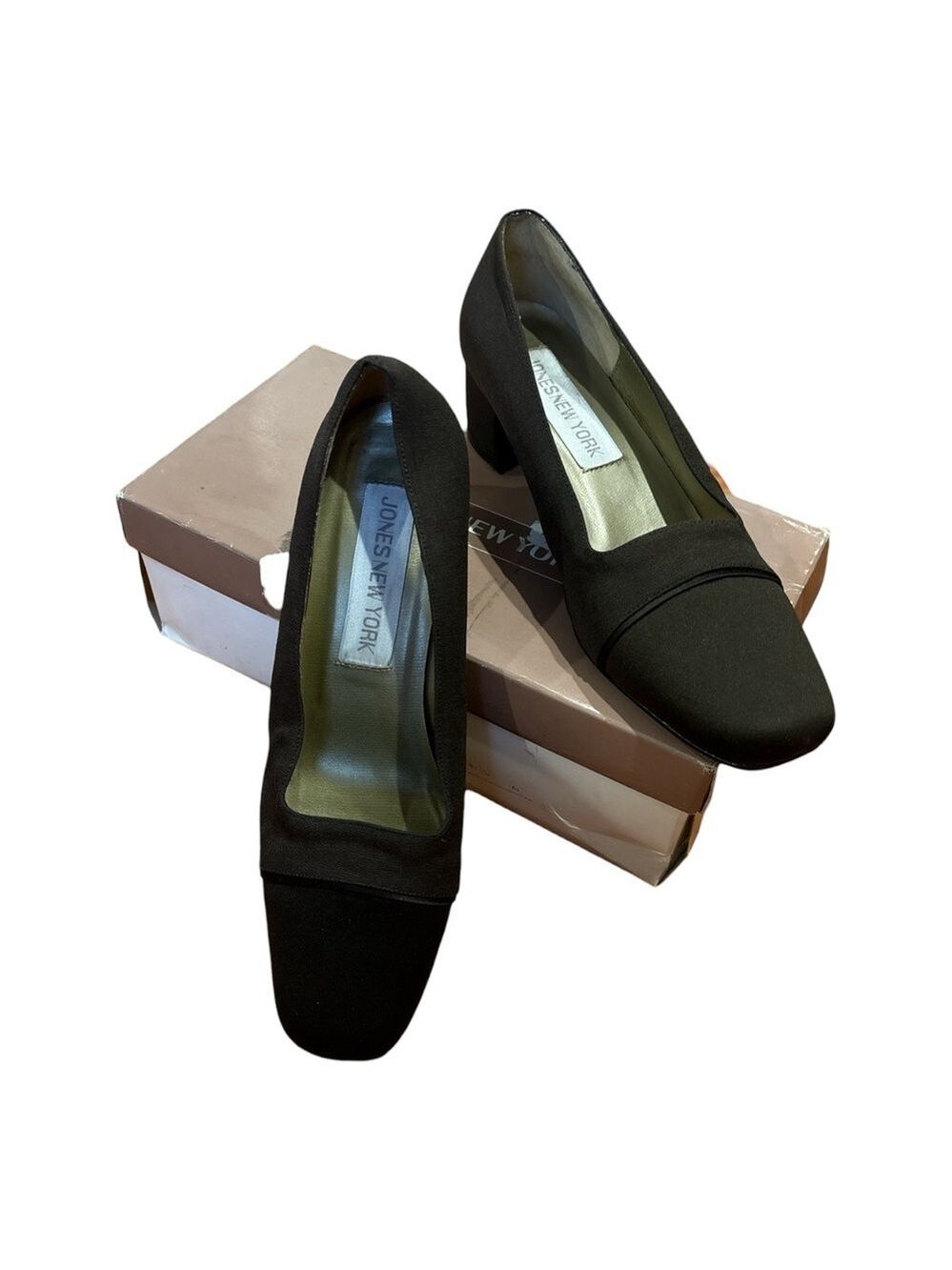 80s JONES NY CLASSIC BROWN TWO TEXTURE FABRIC SQUARE TOE 1.75" BLOCK HEEL SZ 8.5